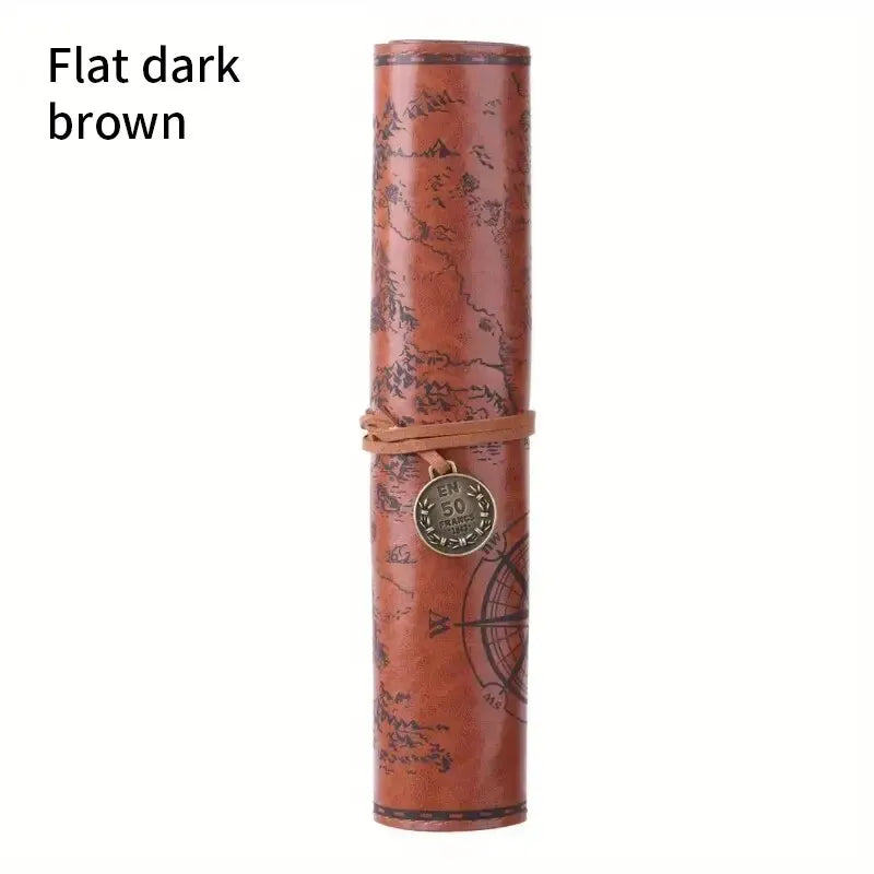 Dark brown cylindrical product with map design and compass detail on a white background