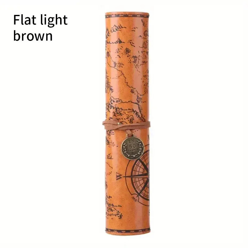 Brown cylindrical object with map design and compass rose on a white background