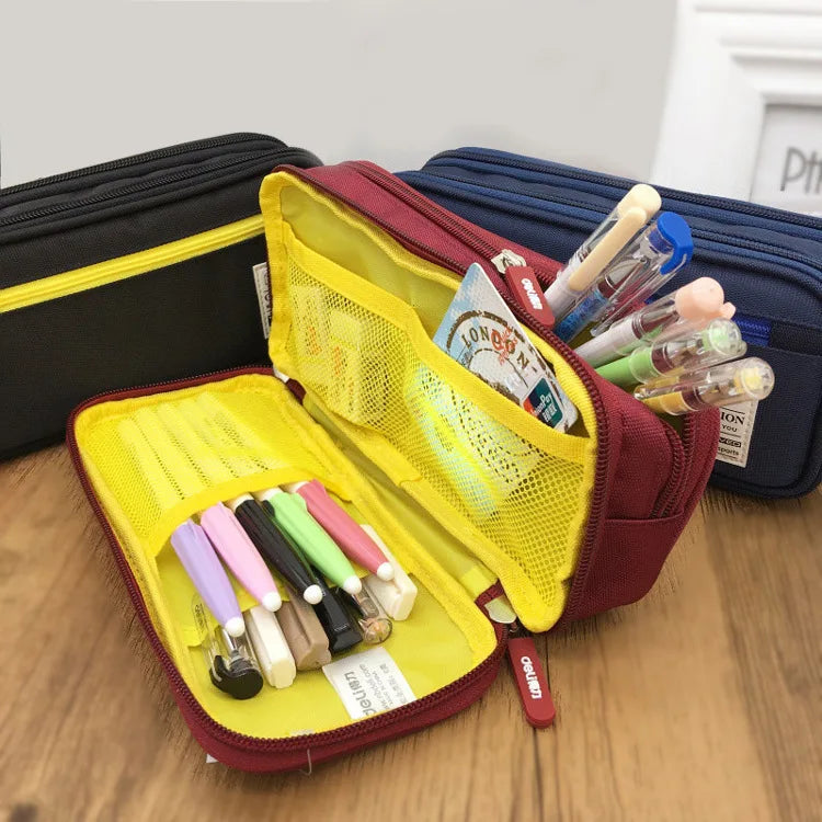 Pencil case with colorful pens and markers on a wooden surface