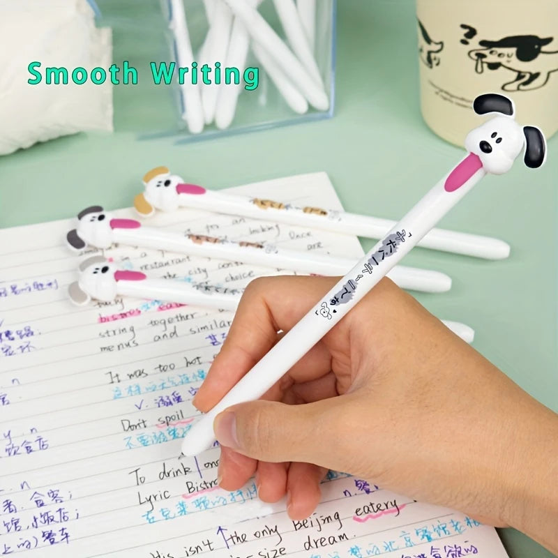 Hand holding a white pen with a cartoon character on top, writing on paper with 'Smooth Writing' text.