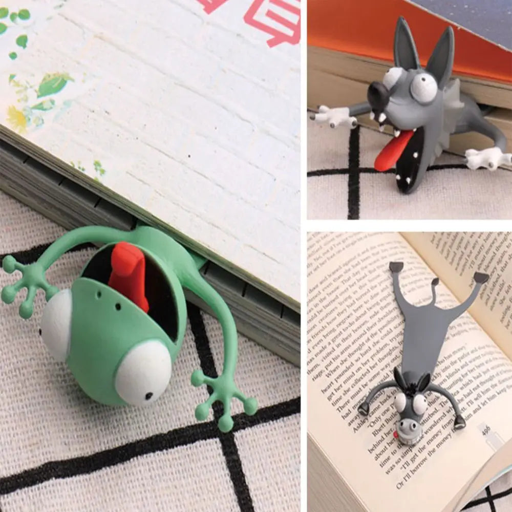 Collage of cartoon animal bookmarks on a book