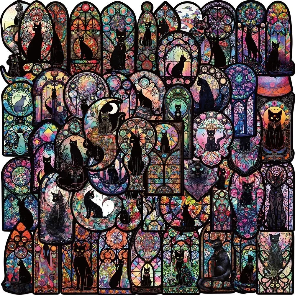 Collection of colorful cat-themed stickers with a stained glass design.