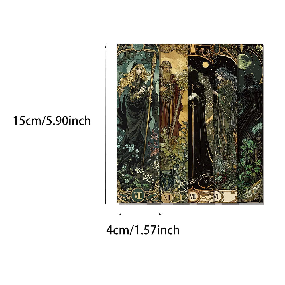 Decorative card with three figures in a fantasy setting, showing dimensions on a white background.