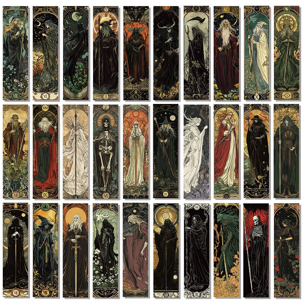 Collection of dark, gothic-style illustrations featuring various figures and symbols.
