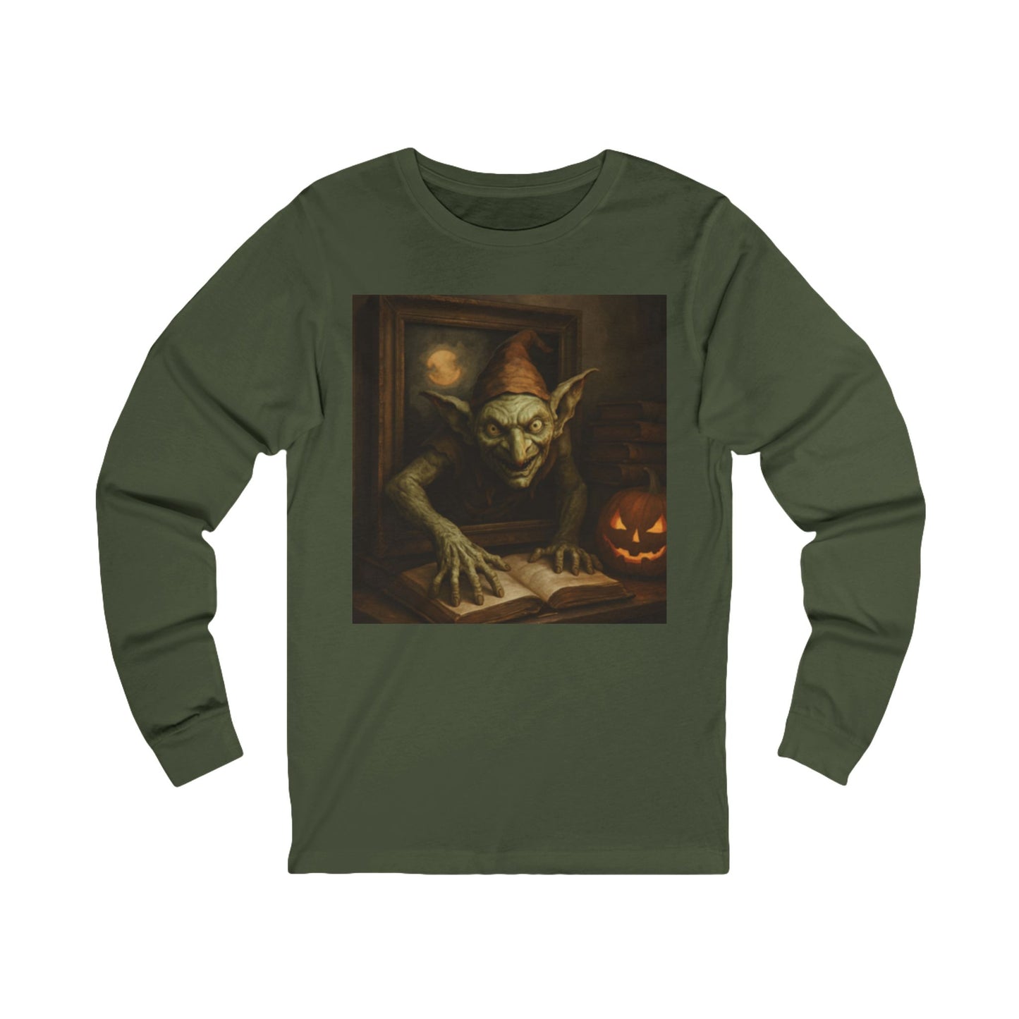 Green long-sleeve shirt with a goblin and pumpkin design on a white background
