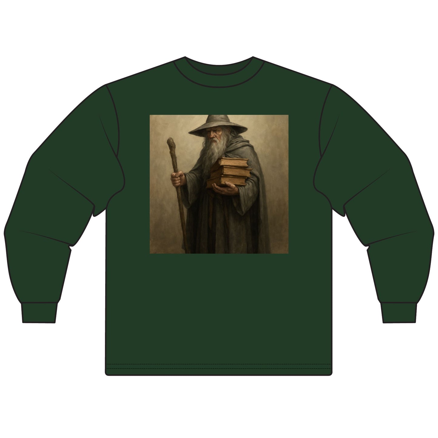 Green long-sleeve shirt with a printed design of a character holding books and a staff on a beige background.