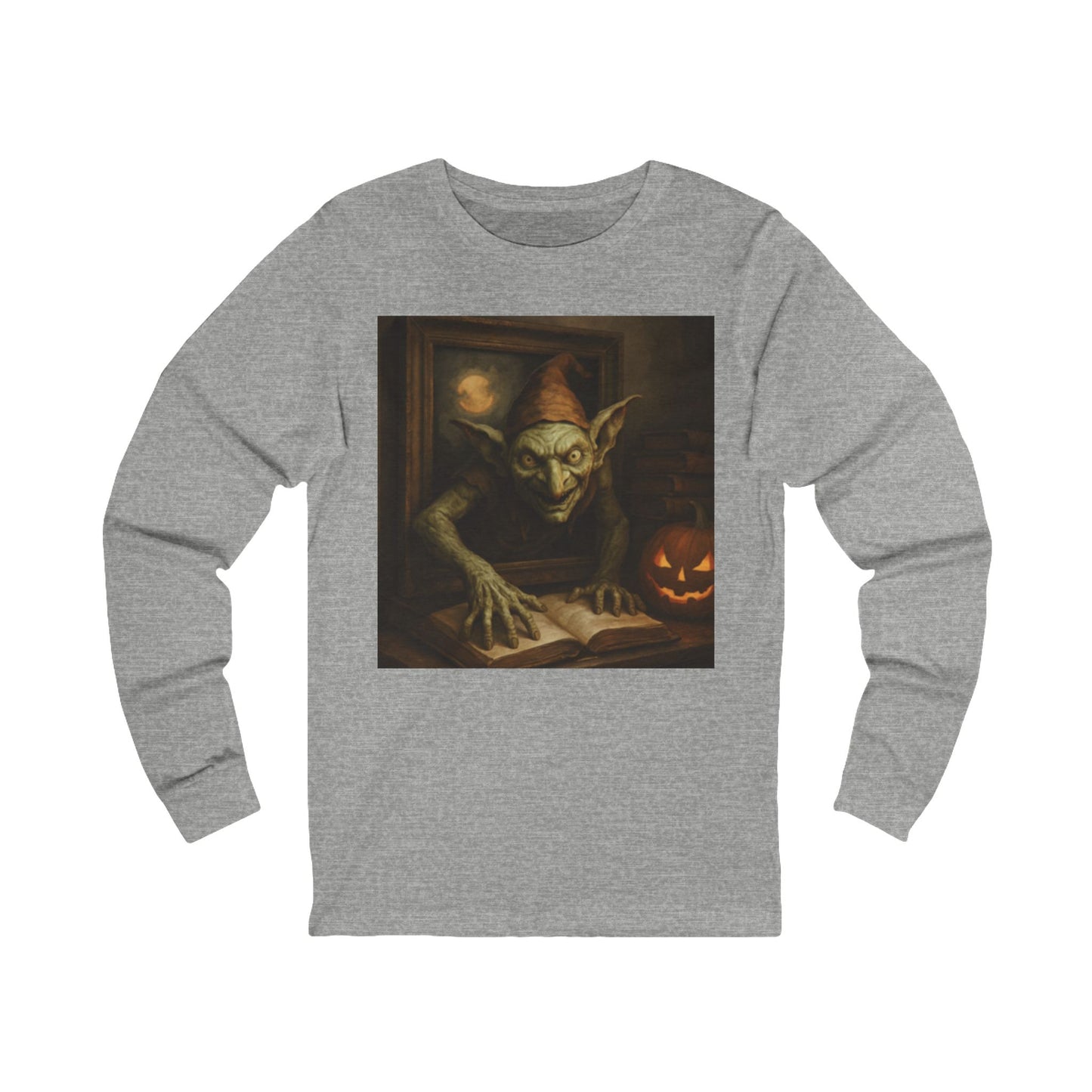 Gray long-sleeve shirt with a goblin and pumpkin design on a white background