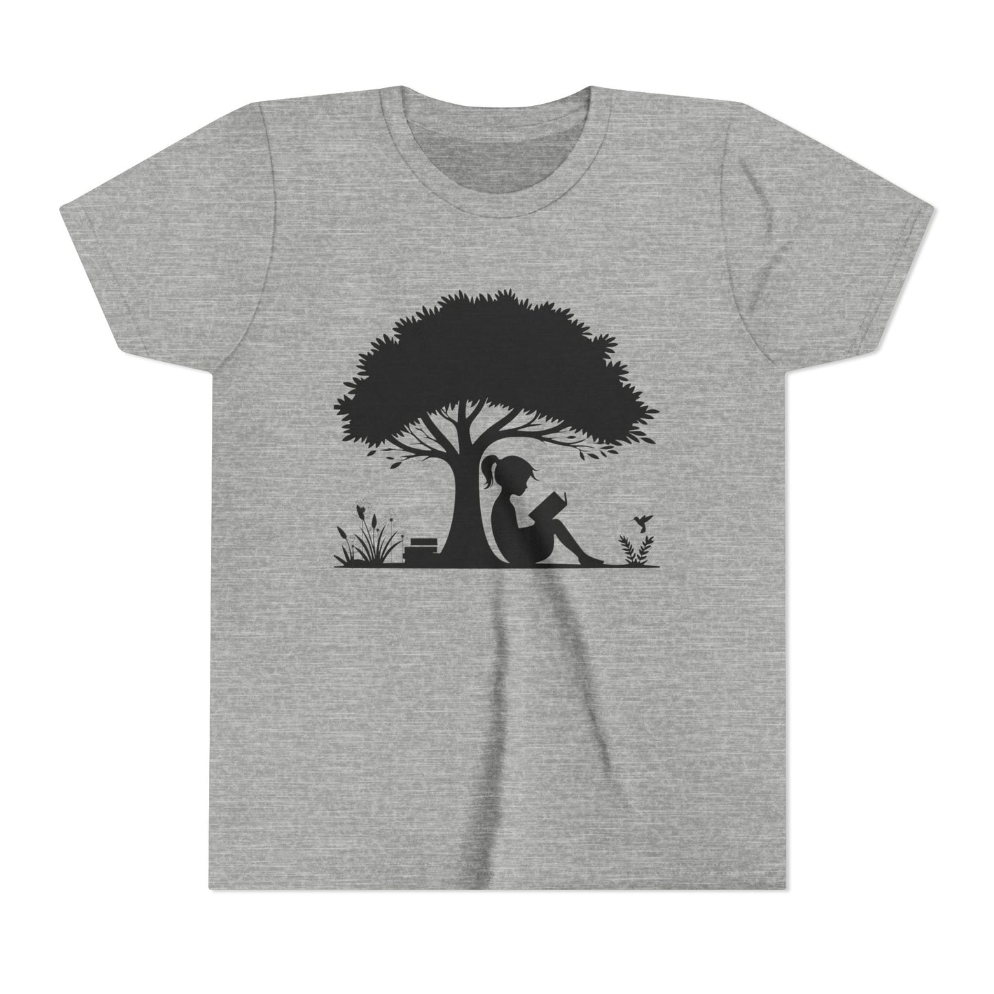 Gray t-shirt with a black silhouette of a girl reading under a tree on a white background