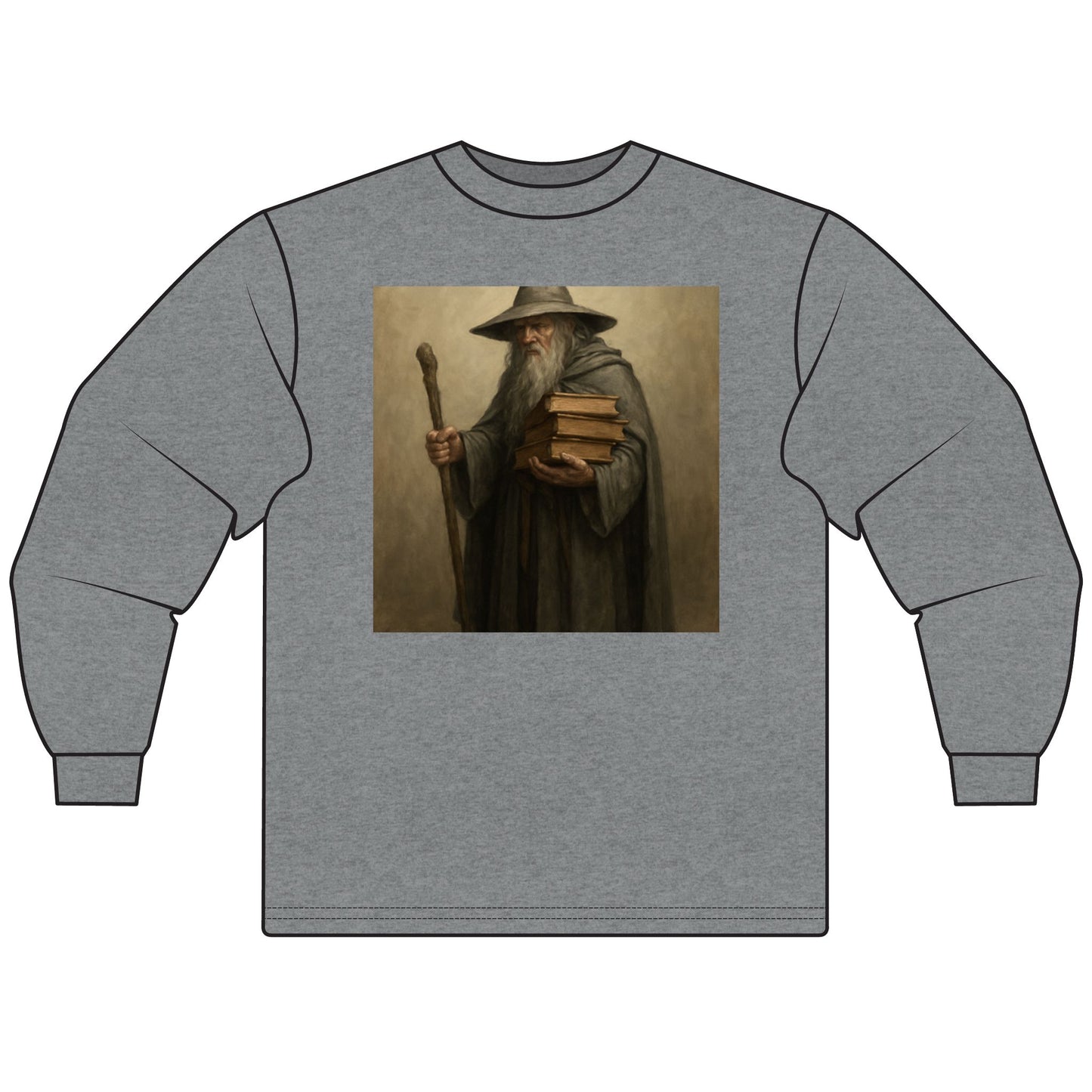 Gray long-sleeve shirt with a printed design of a character holding books and a staff on a beige background.