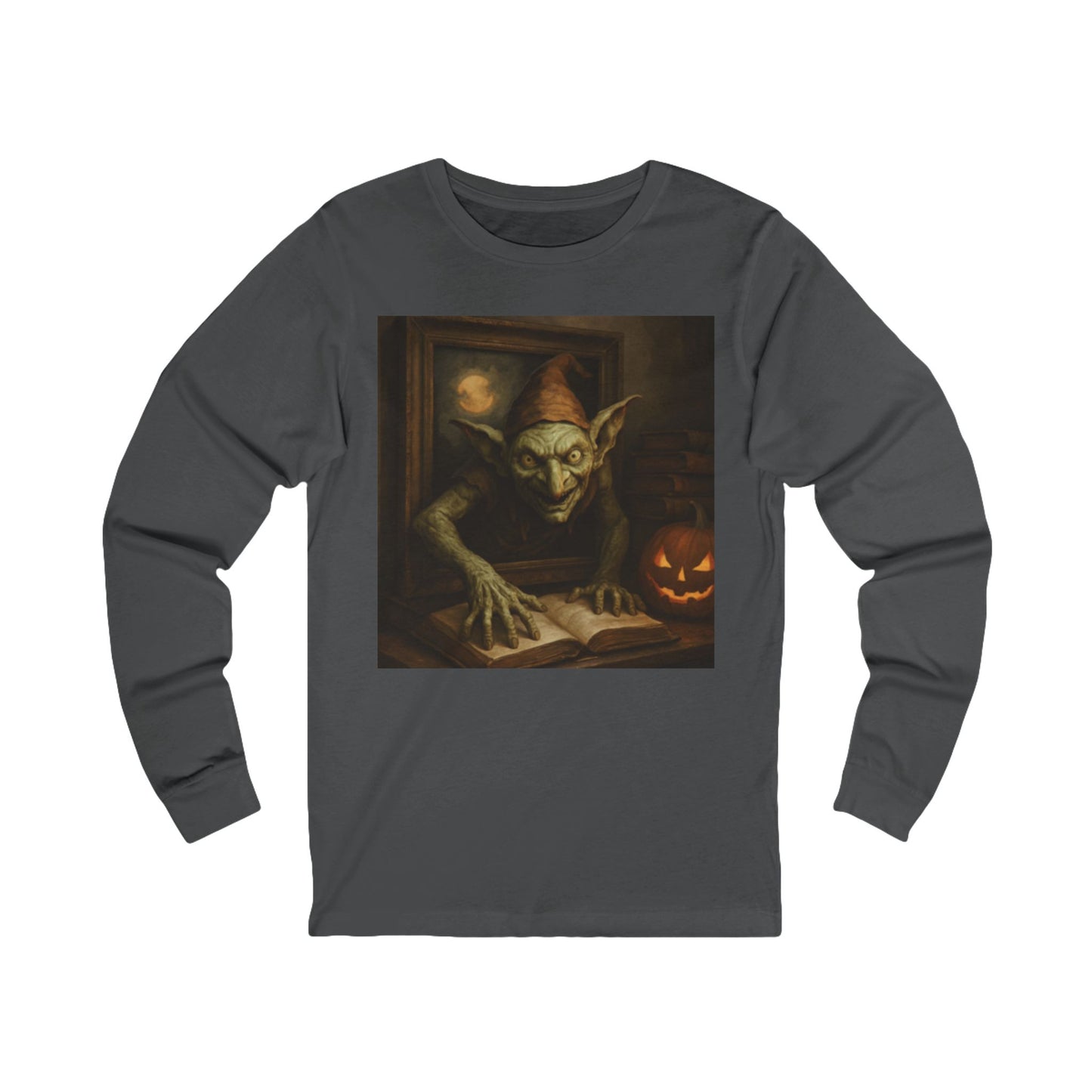 Dark gray long-sleeve shirt with a goblin reading a book design on a white background