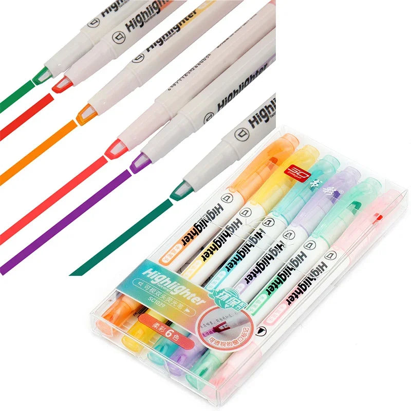 Set of colorful highlighters with a clear plastic case on a white background