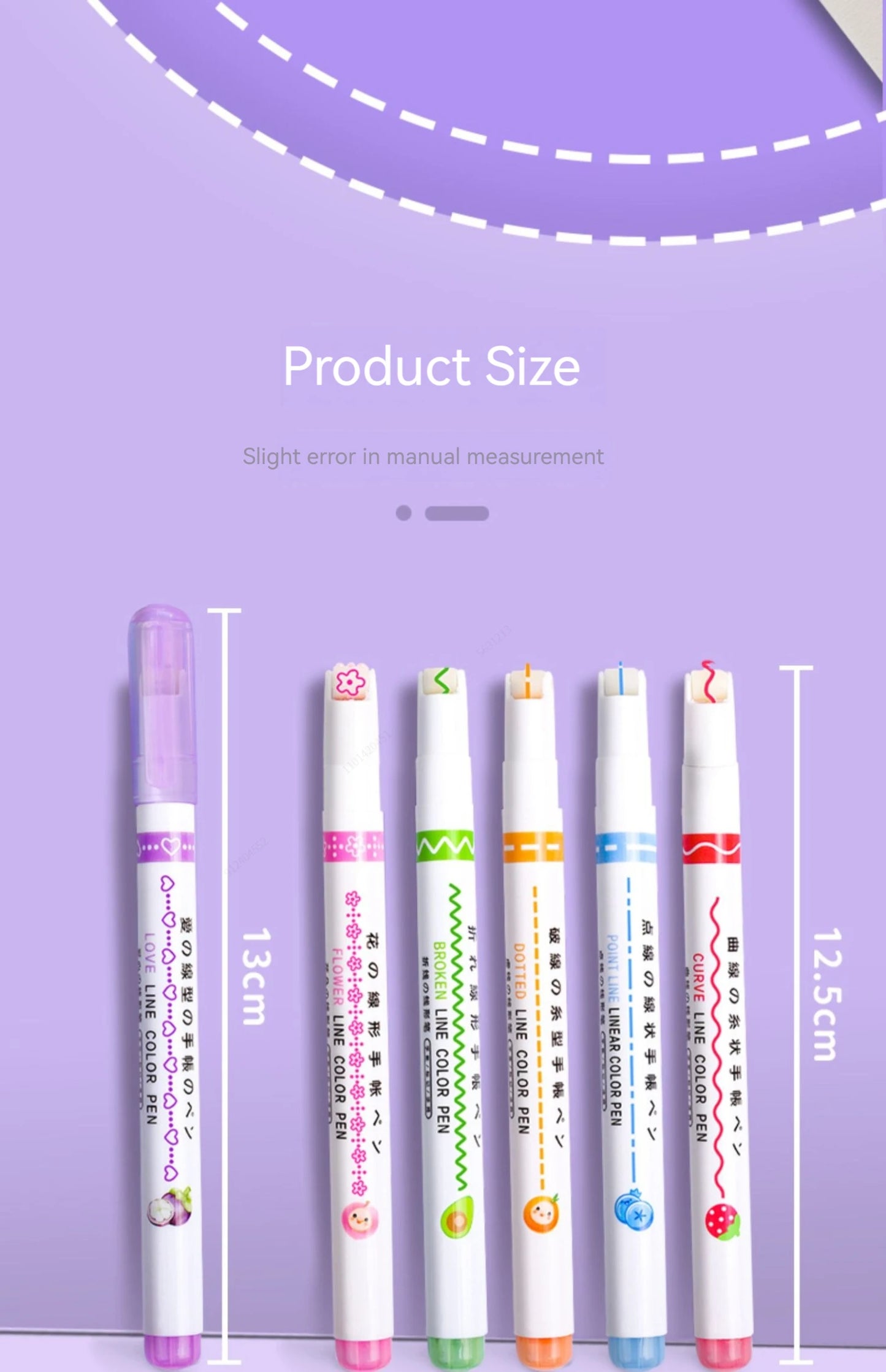 Set of colorful markers with measurement details on a purple background