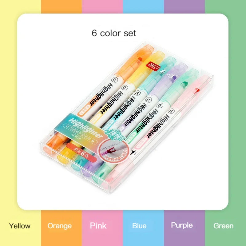 Set of six highlighters in yellow, orange, pink, blue, purple, and green on a colorful background.