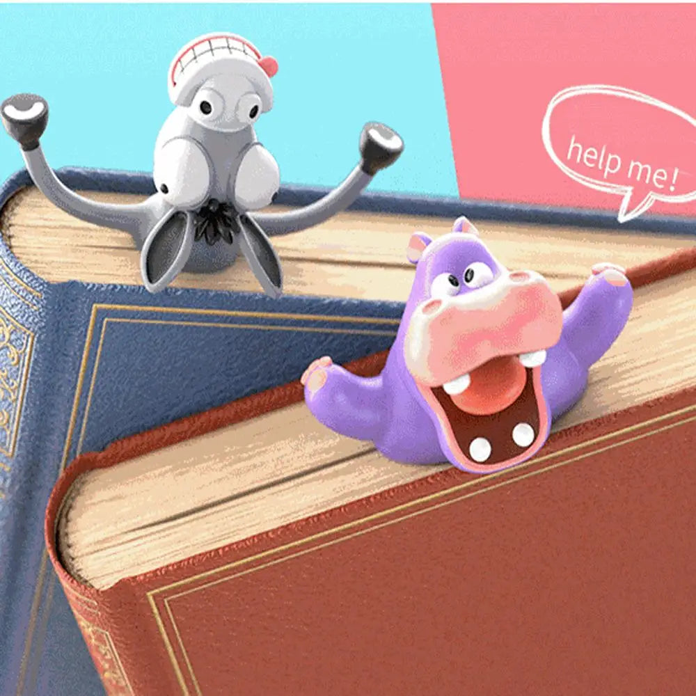Two cartoon-style animal figurines on a book with one saying 'help me!'.