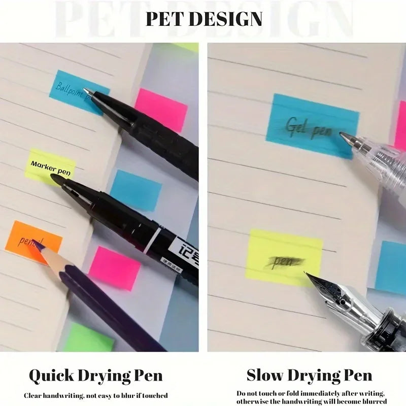 Comparison of quick drying and slow drying pens on lined paper with colorful markers.