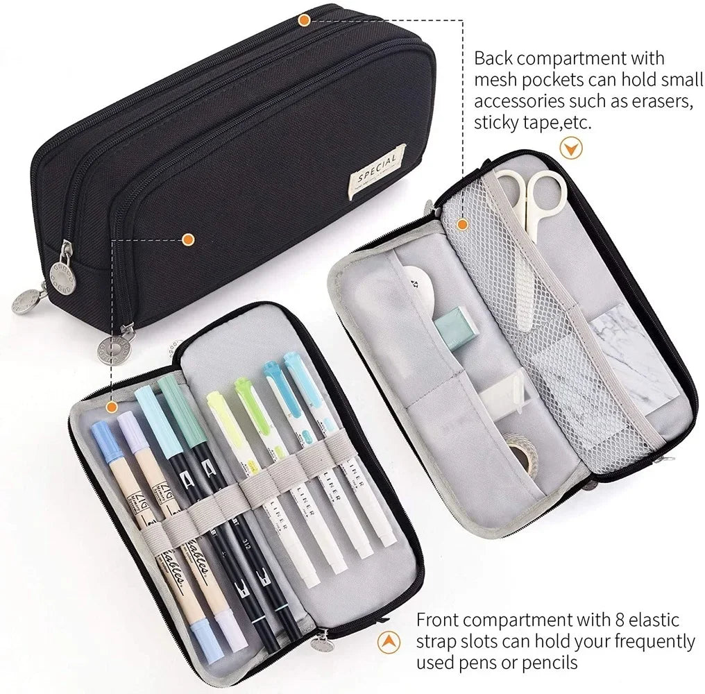 Black pencil case with compartments for pens and small items, featuring text on its functionality.