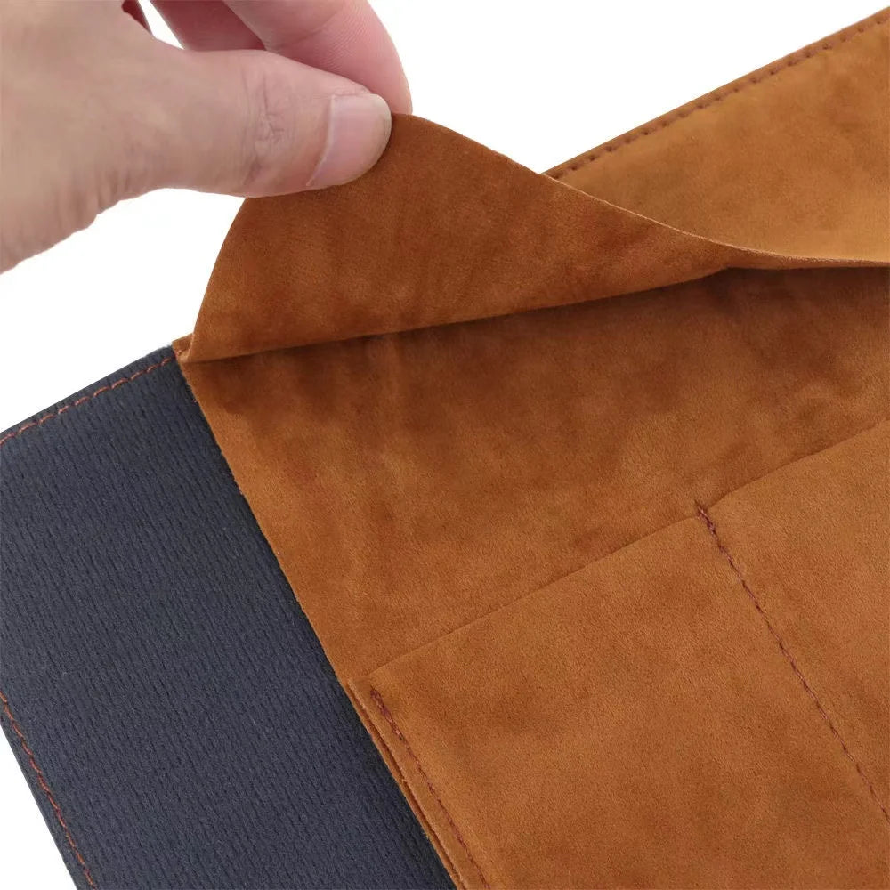 Close-up of a hand holding a brown leather wallet with a white background