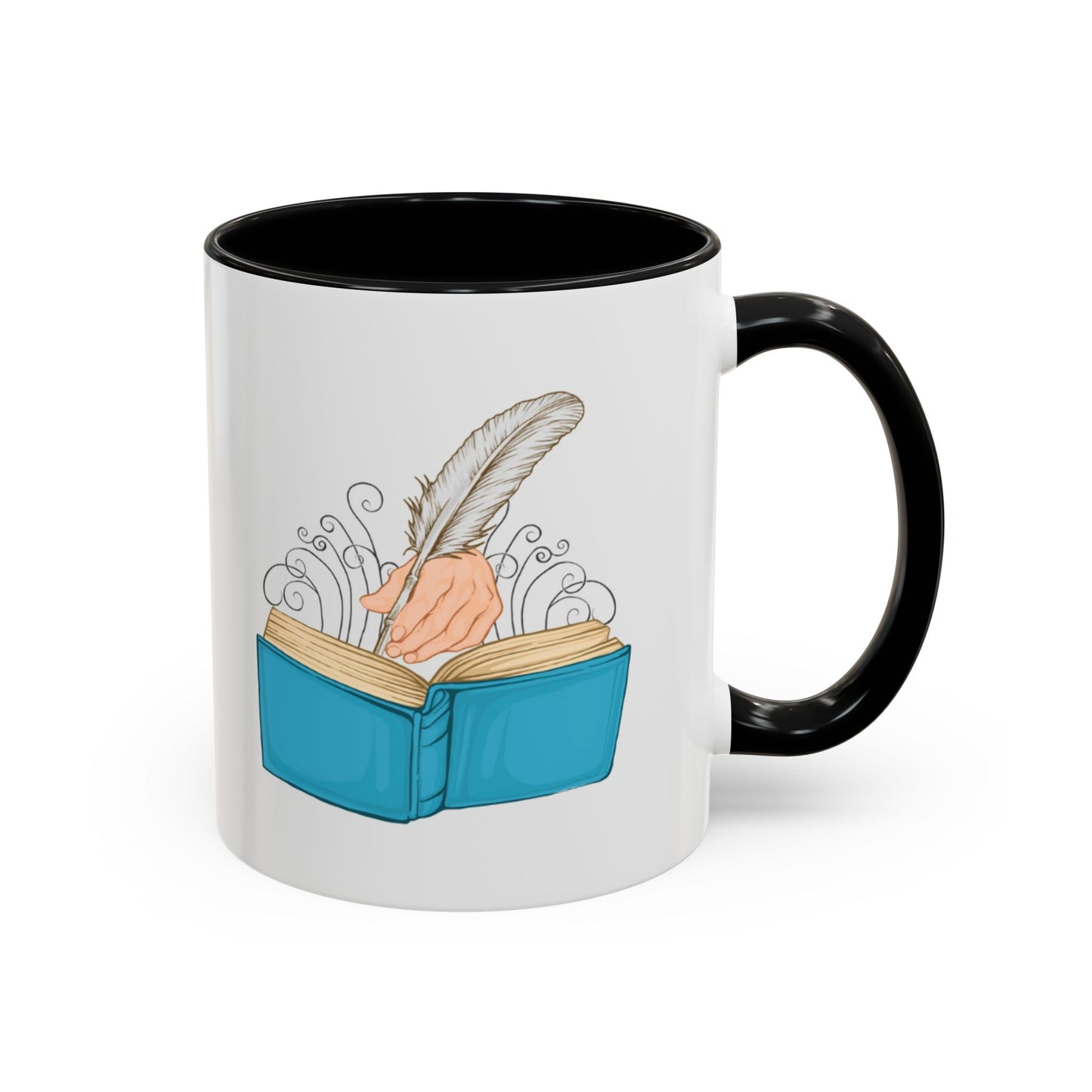 Mug with a design of a hand holding a feather over an open book on a white background