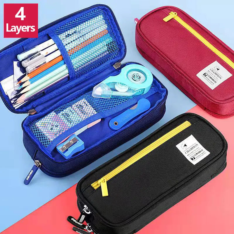 Three pencil cases with different colors and compartments on a colorful background