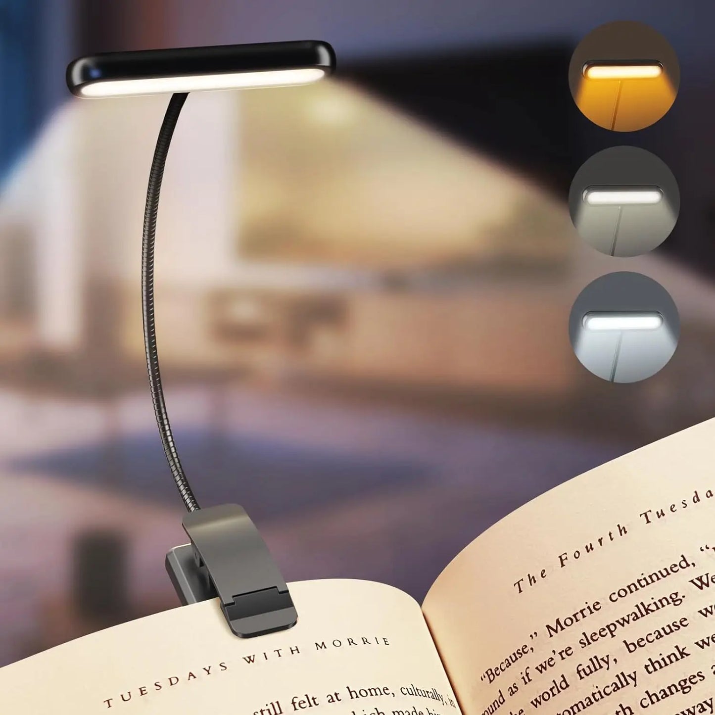 Clip-on book light on an open book with three light mode indicators.