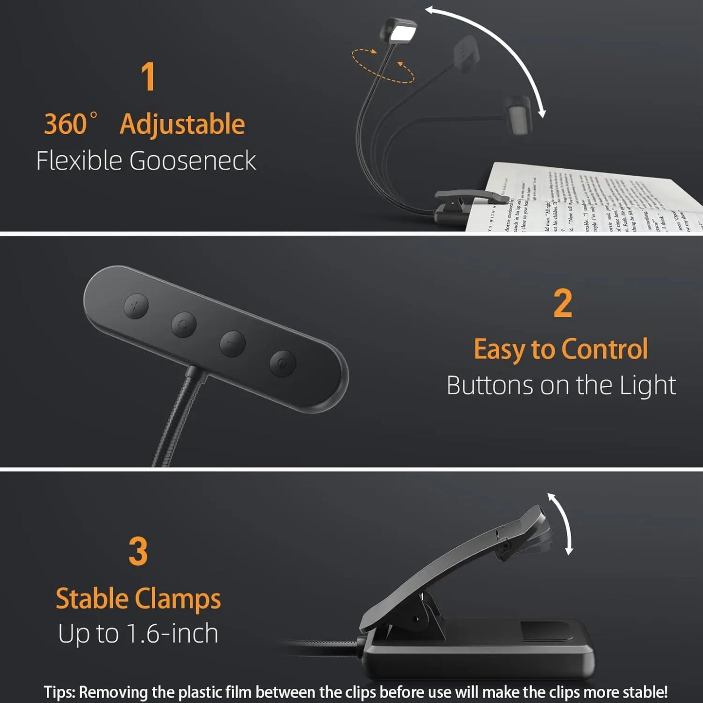 Light fixture with adjustable gooseneck, easy-to-control buttons, and stable clamps on a dark background.