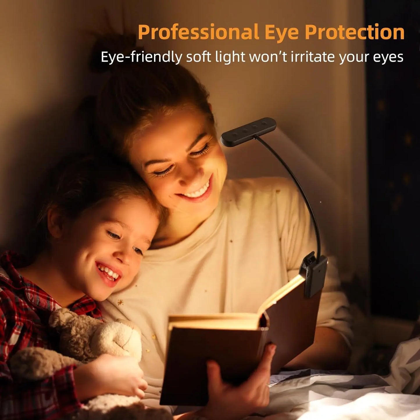 Woman and child reading a book together with a light source, emphasizing eye protection.