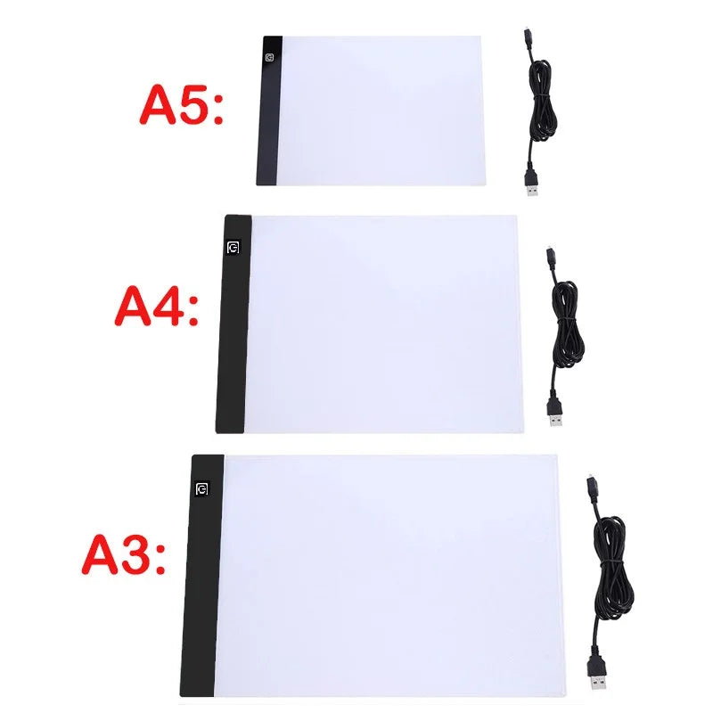 Three sizes of LED light boxes labeled A5, A4, and A3 with USB cables on a white background.