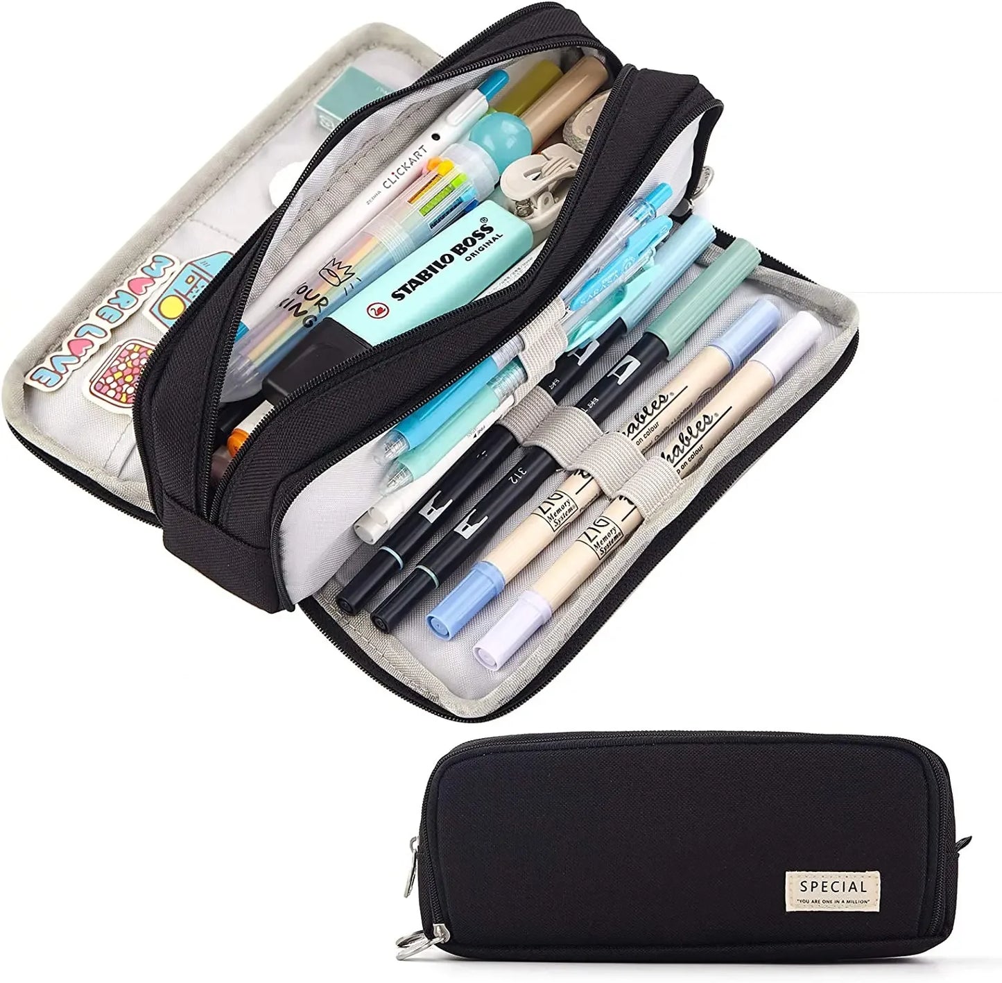 Pencil case with stationery items and a black pencil case labeled 'Special' on a white background