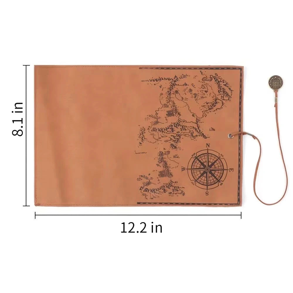 Brown leather pouch with world map and compass design, dimensions indicated.