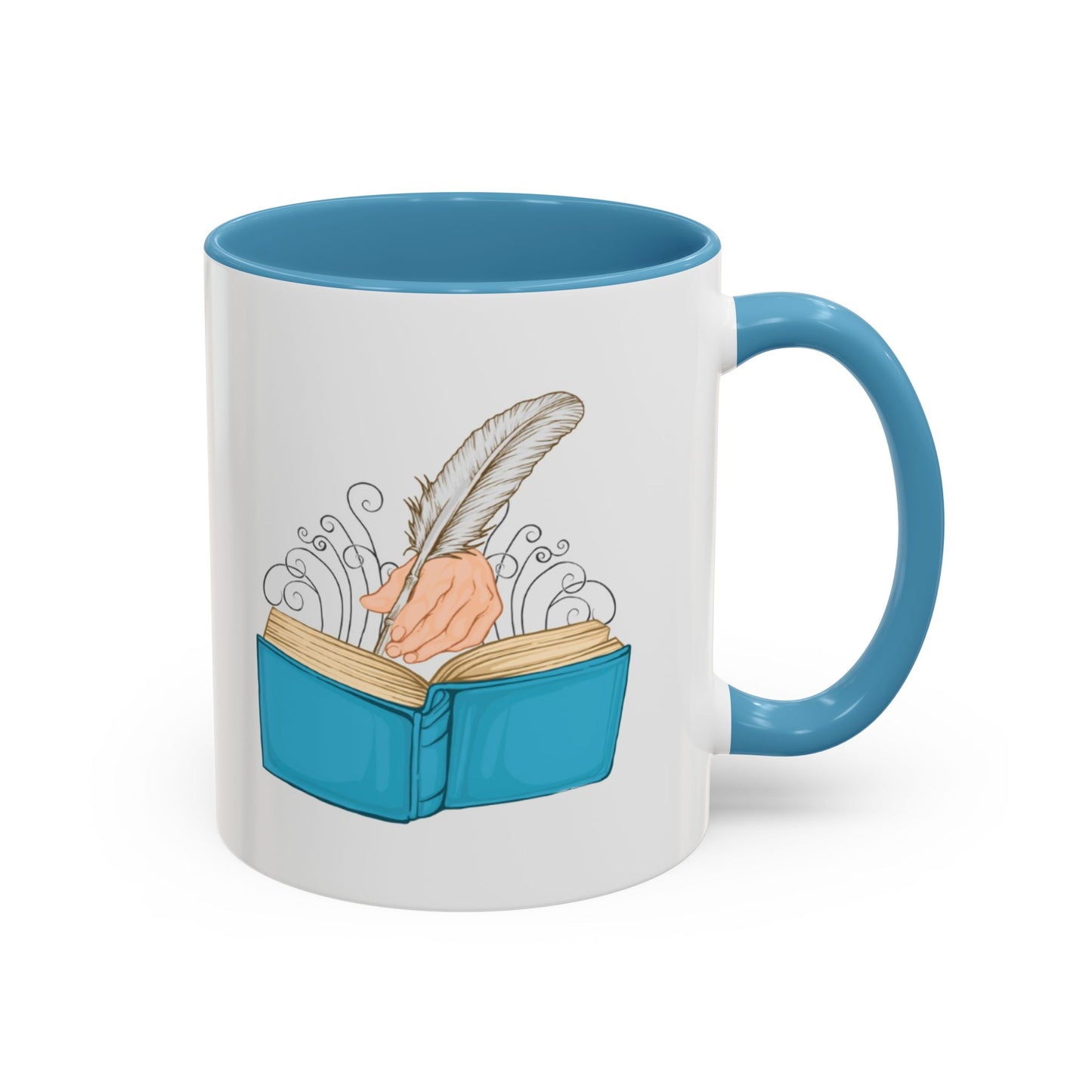 Mug with a design of a hand holding a feather over an open book, against a white background