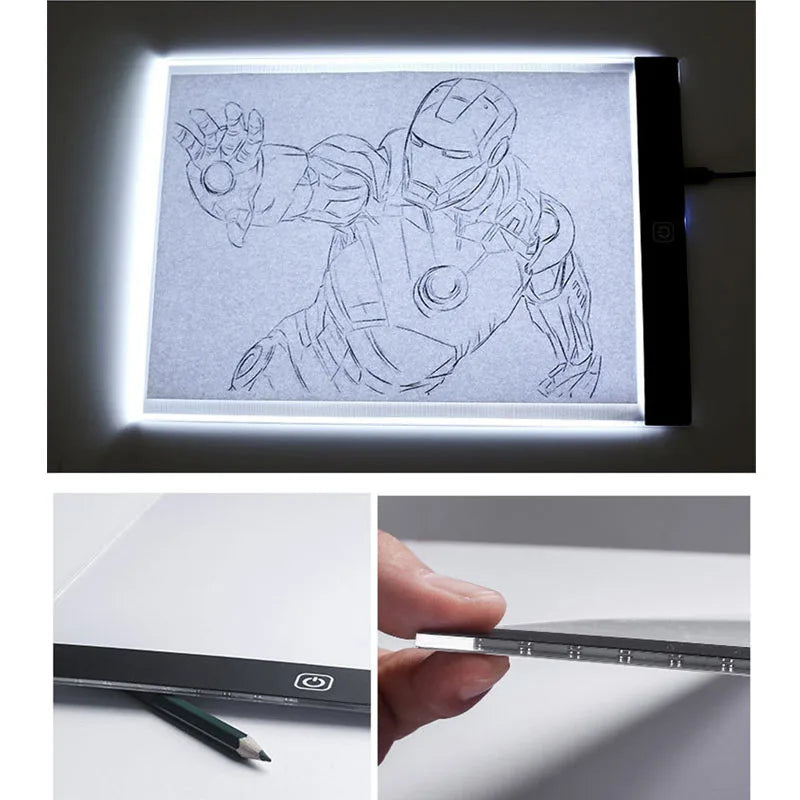 Light pad with a drawing of a character, a pencil, and a close-up of the pencil on a white surface.