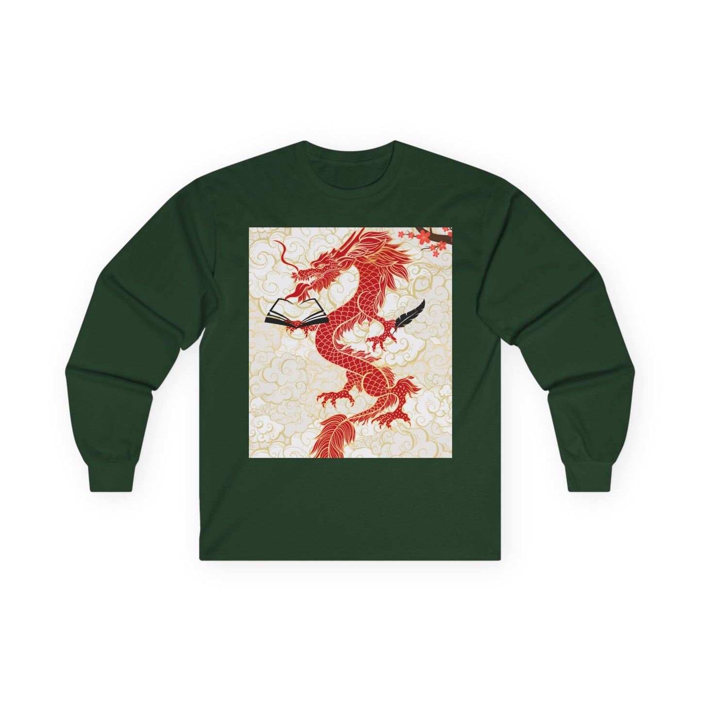 Green long-sleeve shirt with a red dragon design on a white background