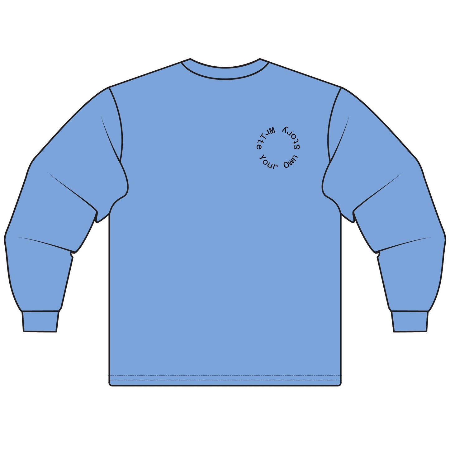 Blue long-sleeve shirt with a circular logo on the chest against a white background