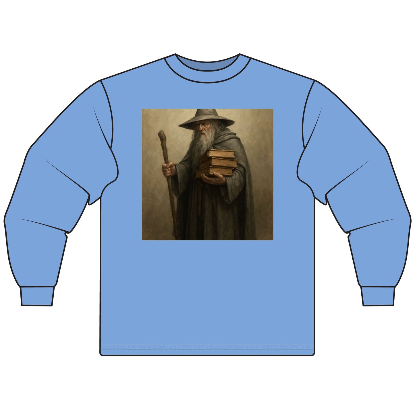 Blue long-sleeve shirt with a graphic of a character holding books and a staff on a beige background.