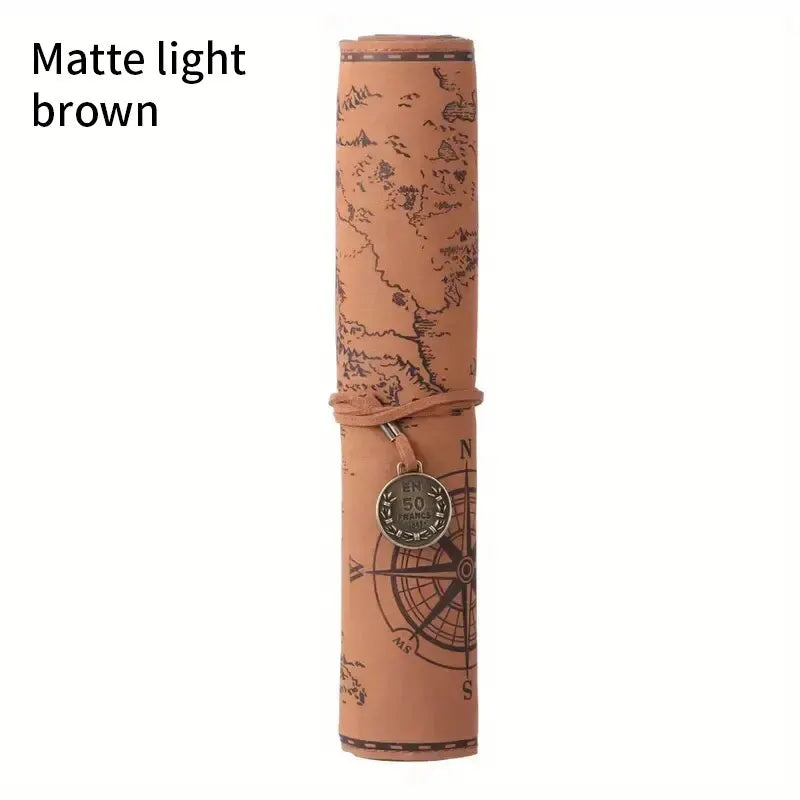 Cylindrical product with map design and compass detail on a white background