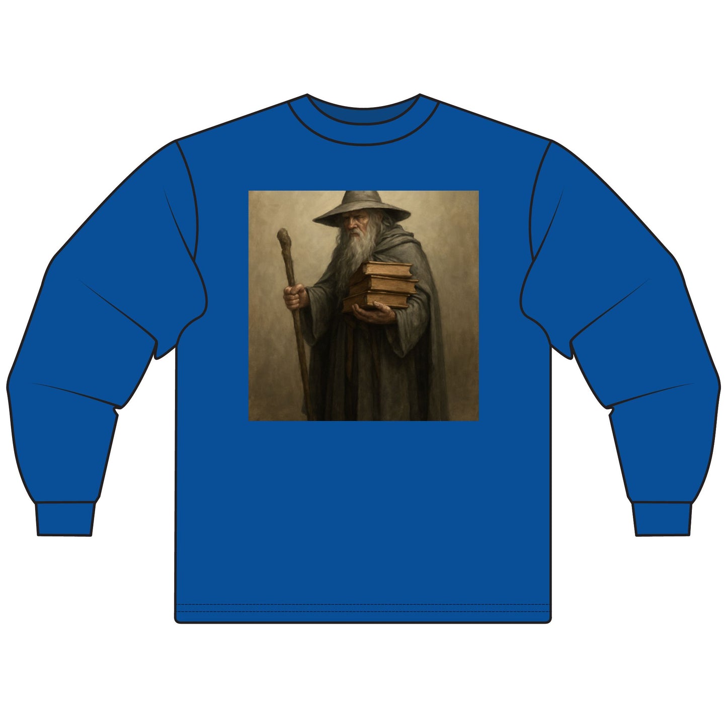 Blue sweatshirt with a graphic of a character holding books and a staff on a beige background.