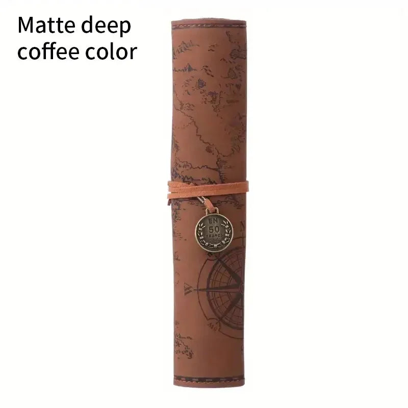 Rolling mat with world map design and compass emblem, matte deep coffee color