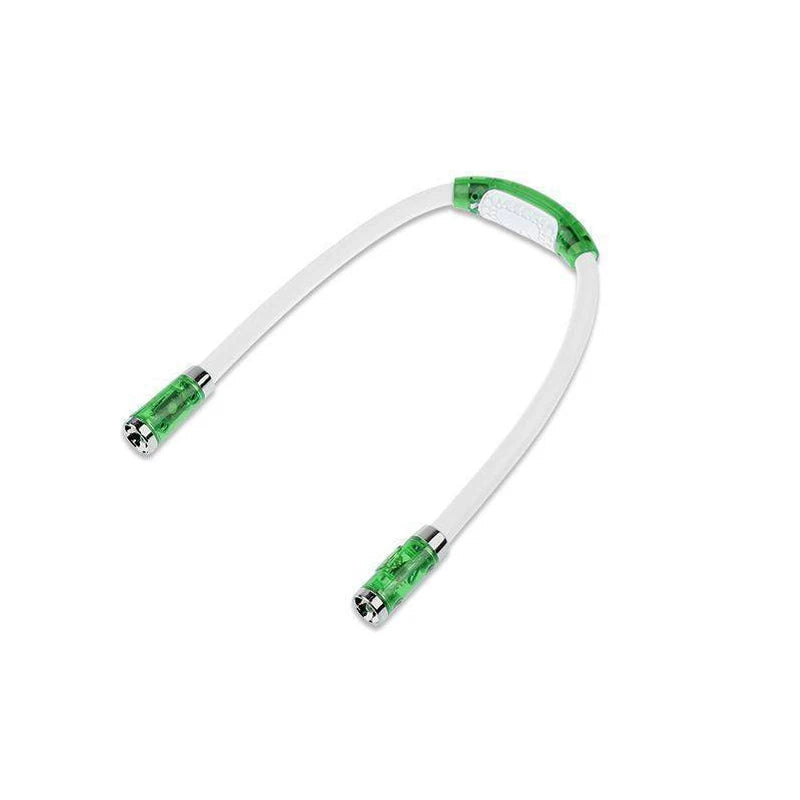 White and green cable with metal connectors on a white background