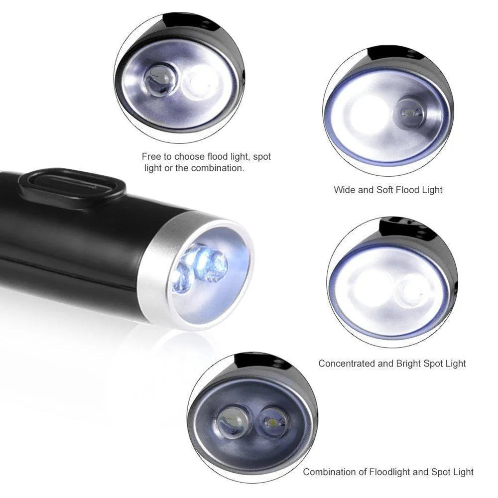 Black flashlight with adjustable light modes on a white background