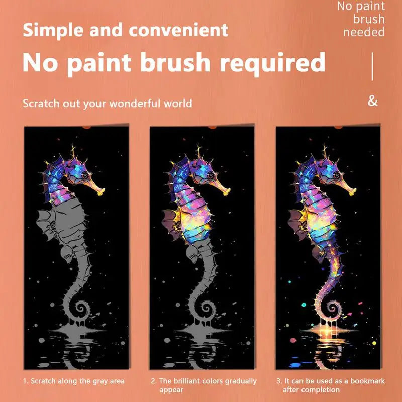 Colorful seahorse design with text on a peach background