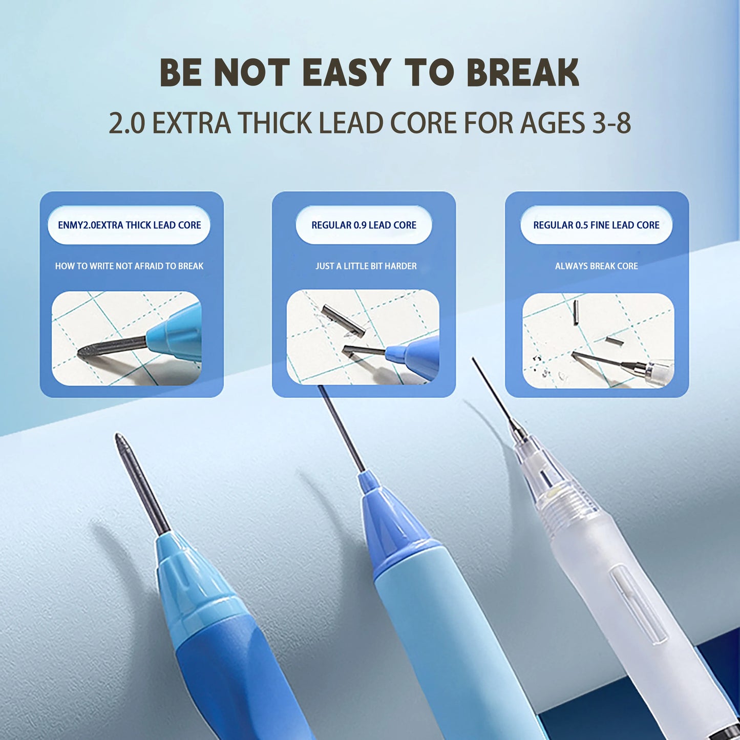 Three mechanical pencils with different lead cores on a light blue background