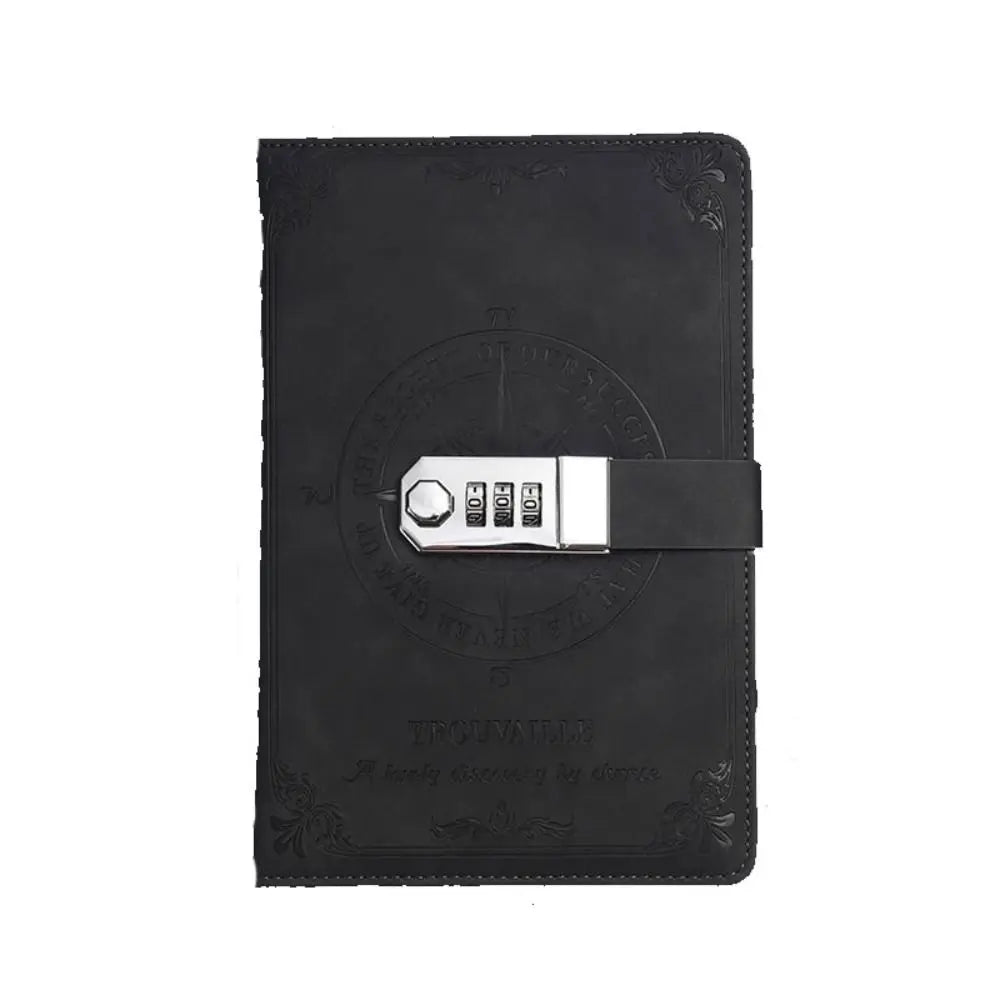 Black leather notebook with a silver combination lock on a white background