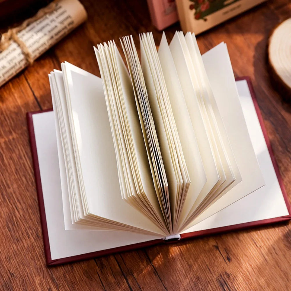Open book on a wooden surface with visible pages