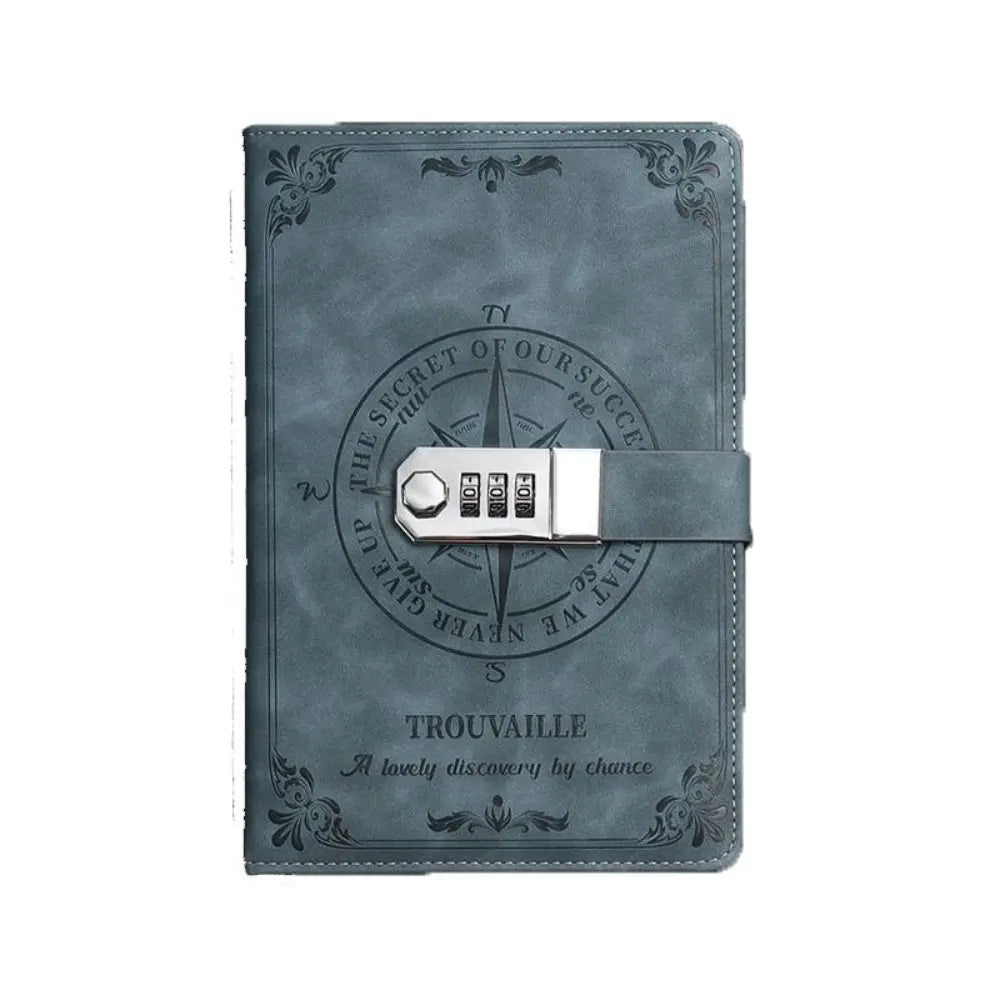 Blue leather notebook with a combination lock on a white background