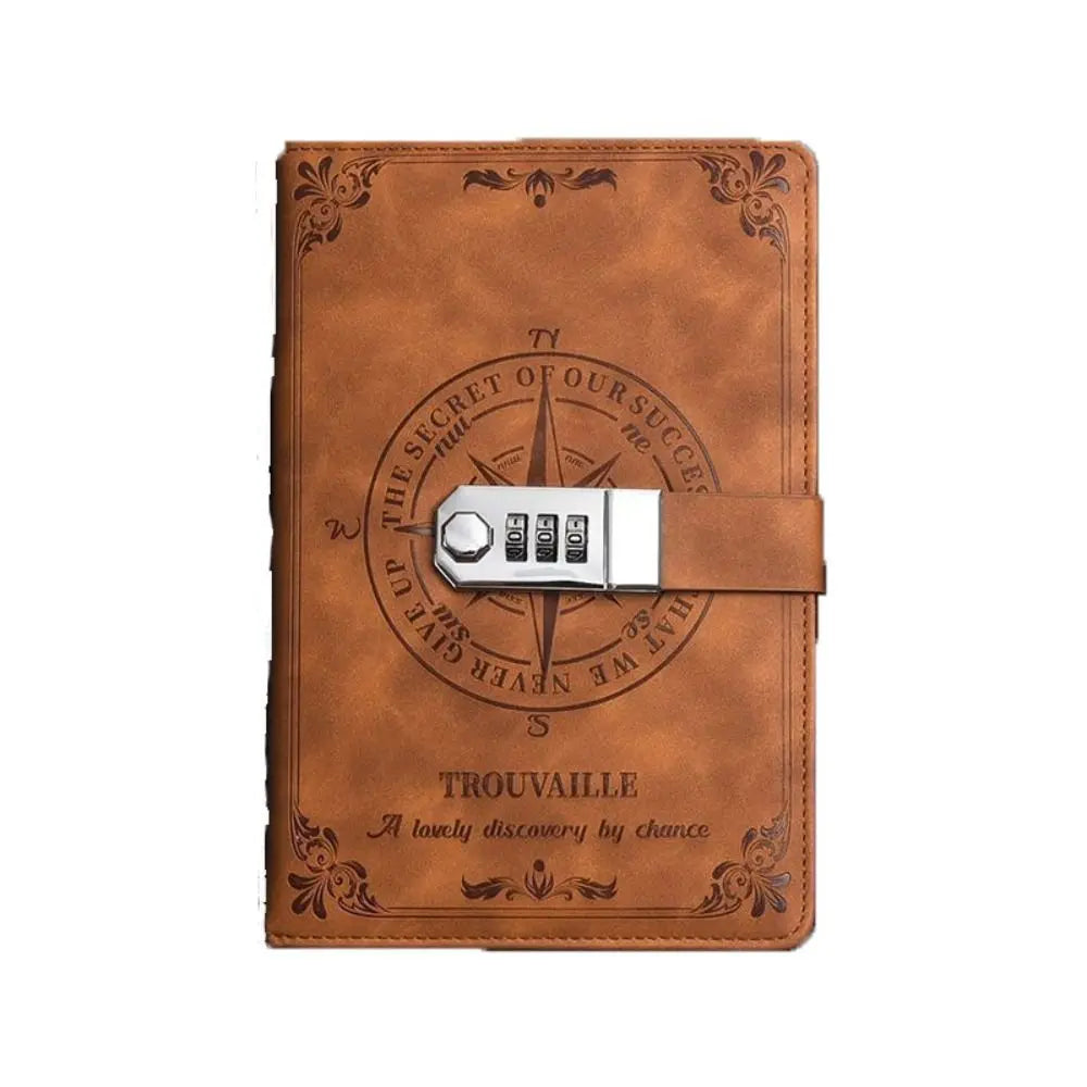 Brown leather notebook with compass design and combination lock on a white background