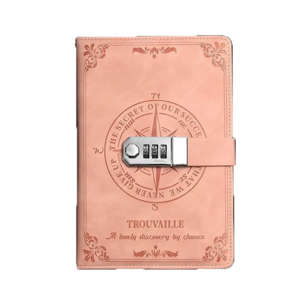 Pink leather notebook with compass design and combination lock on a white background