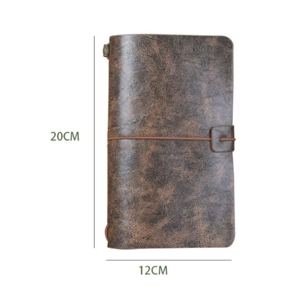Brown leather notebook with dimensions on a white background