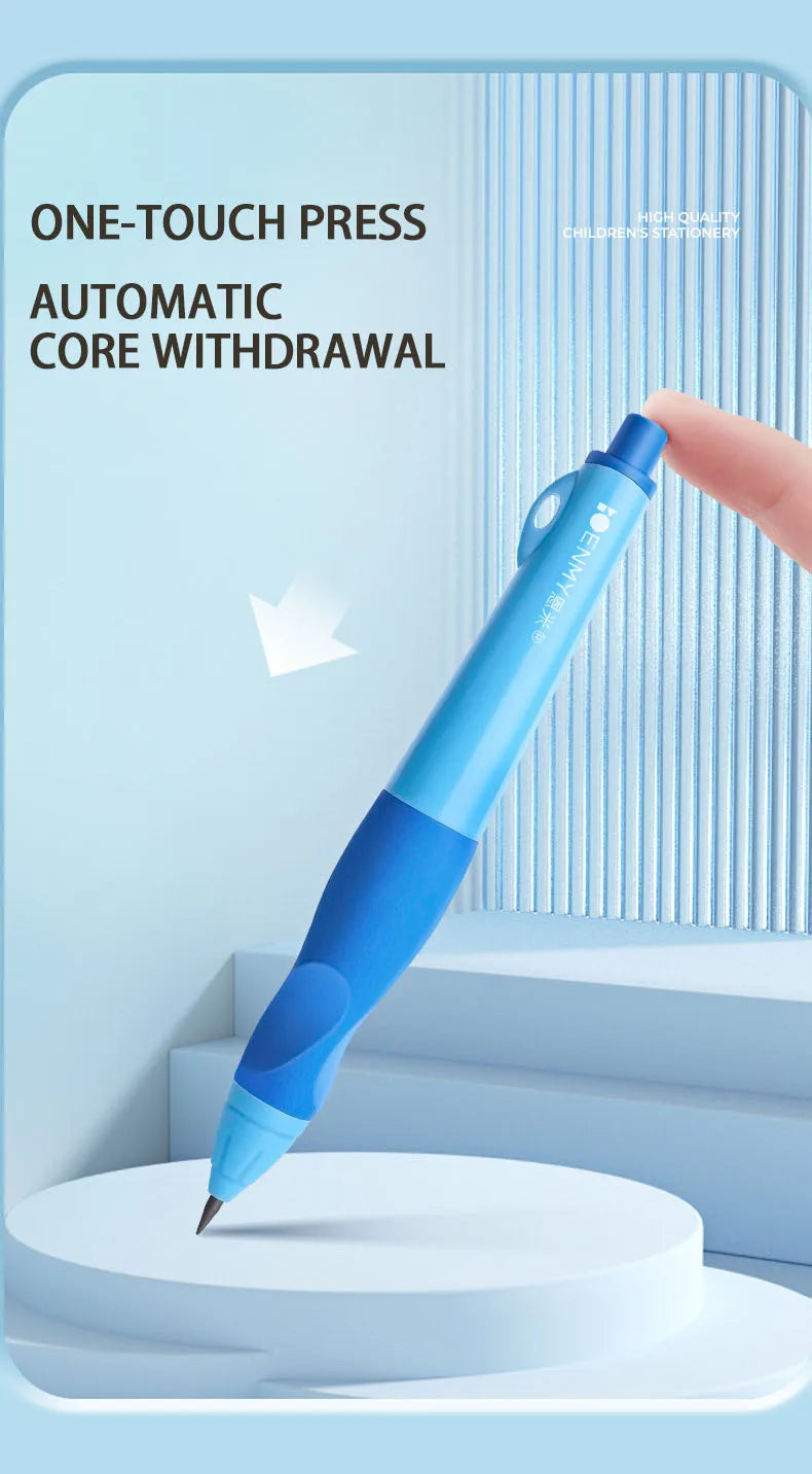 Blue pen with one-touch press mechanism on a light blue background