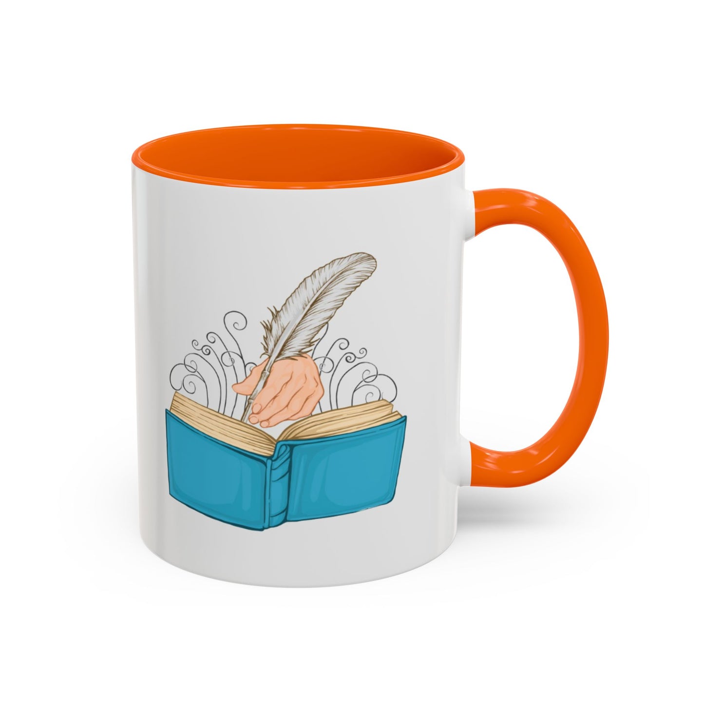Mug with a design of a hand holding a feather over an open book, against a white background.