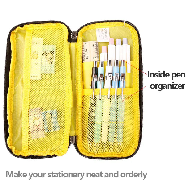 Yellow pen organizer with stationery items on a white background